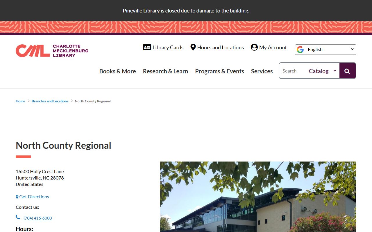 Huntersville phone directory North County Regional Library branch