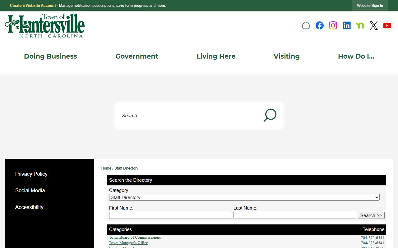 Huntersville phone directory town staff directory interface